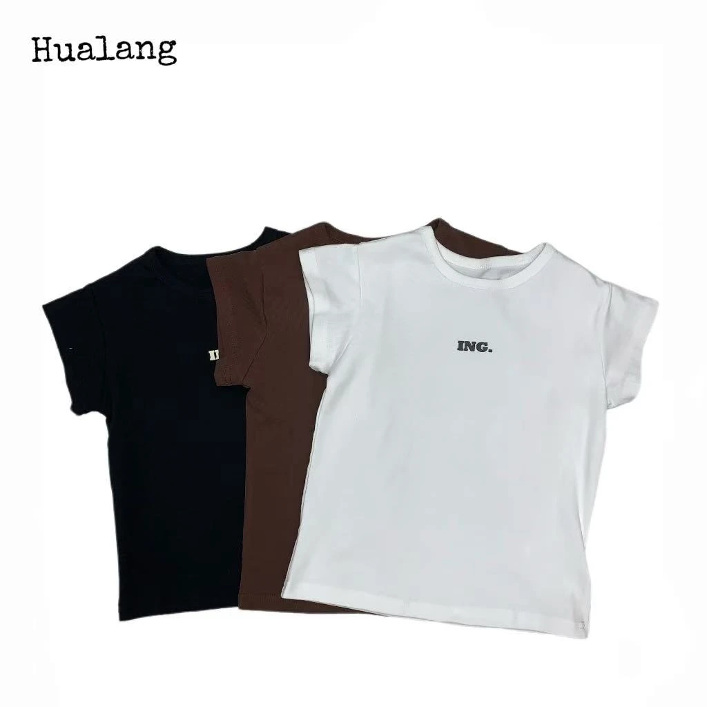 T064款女童洋气小飞袖字母背心T恤儿童甜美可爱修身短袖上衣夏