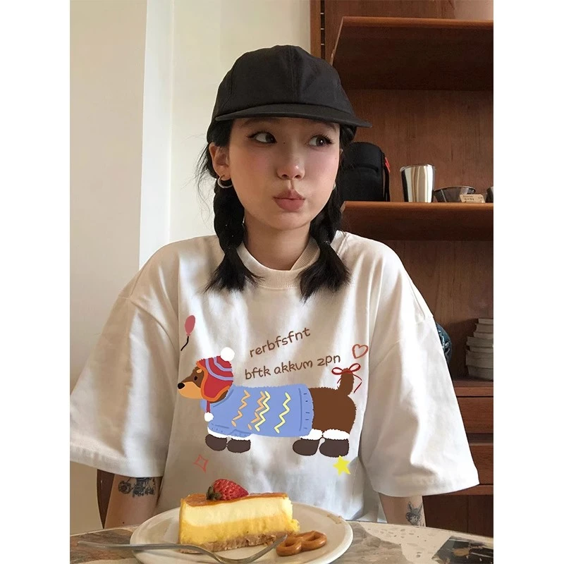 特大码300斤白色纯棉短袖t恤女夏季卡通小狗慵懒风宽松胖mm上衣女