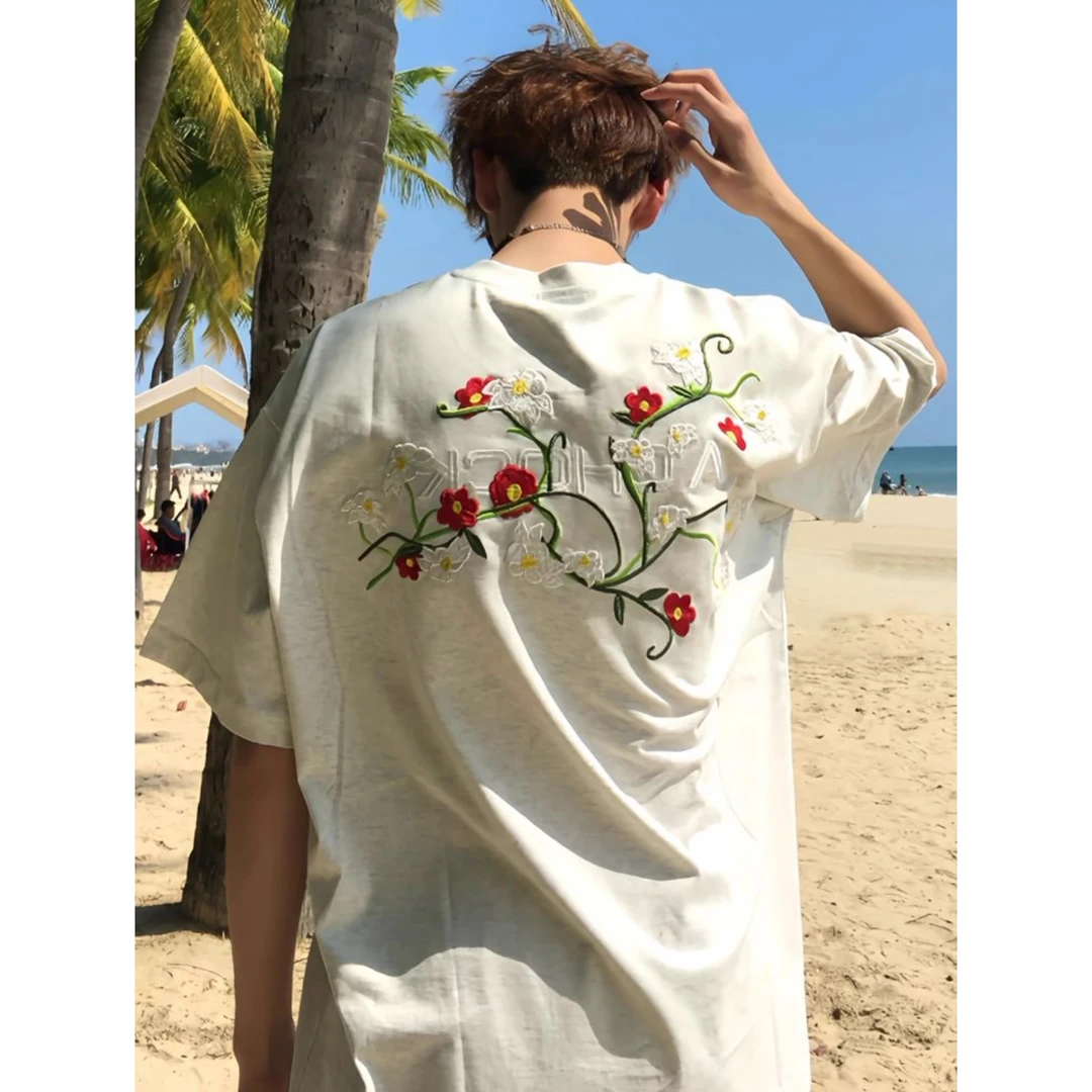 美式高街字母花卉刺绣短袖t恤男装2025新款夏季宽松潮牌潮流上衣