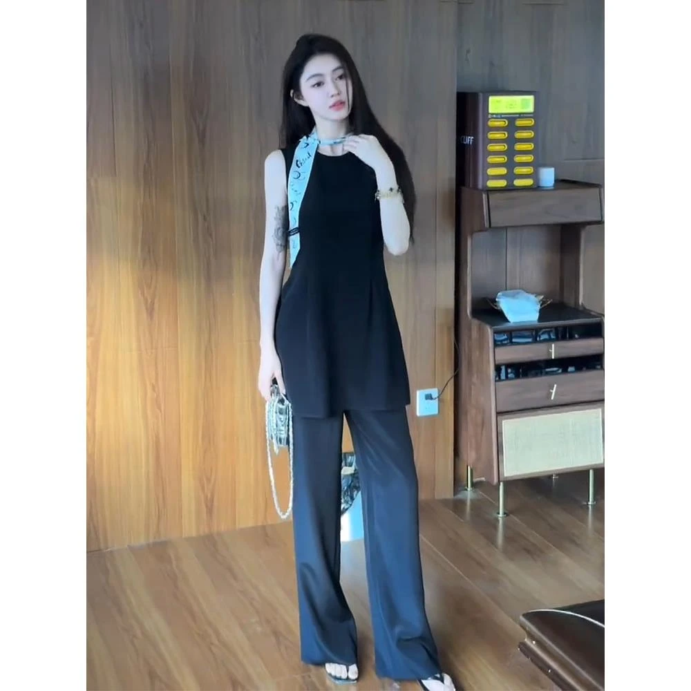 夏季冷淡风盐系穿搭高级感御姐气质名媛高端小香风黑色背心套装裤