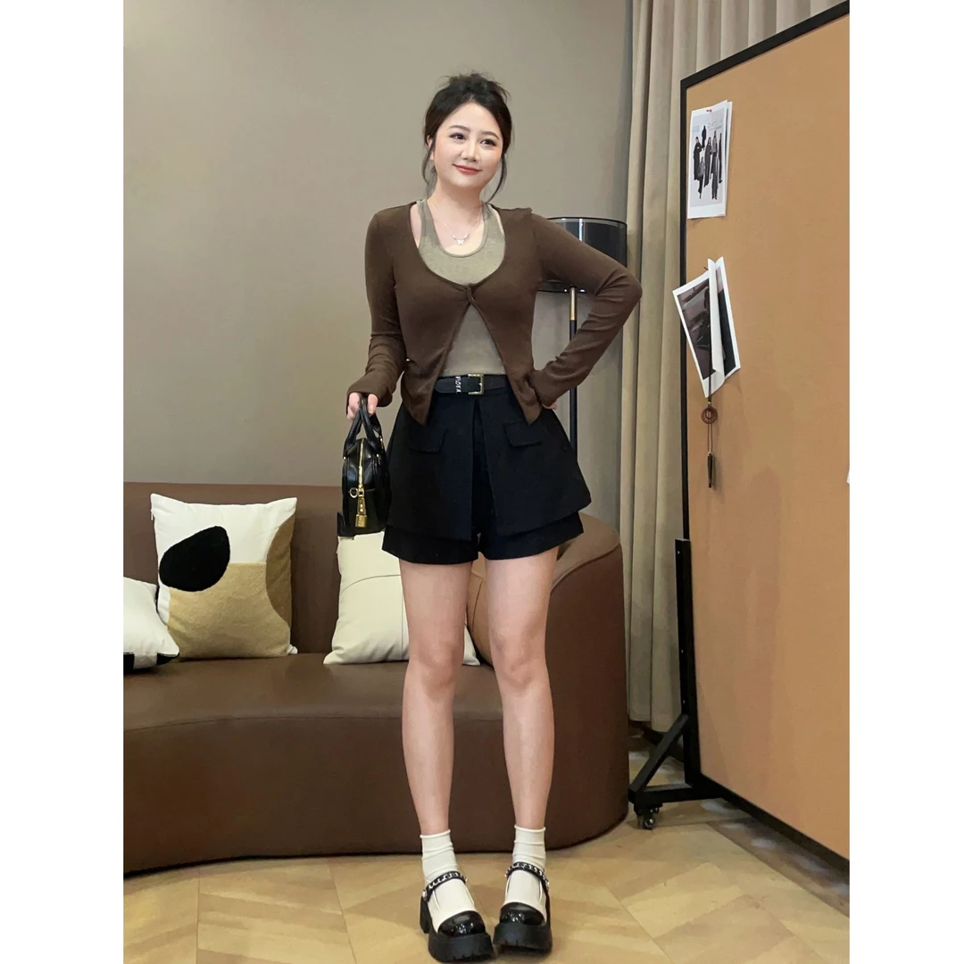 大萌萌 早秋拼色假两件长袖T恤+裙裤微胖显瘦百搭通勤P225Y13409