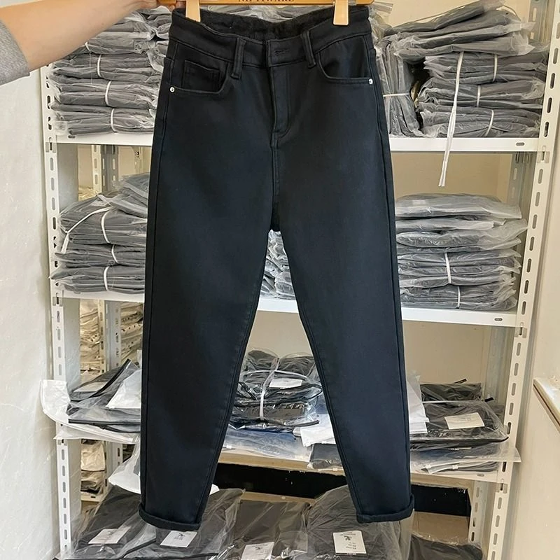 冬季加绒爆款黑色哈伦牛仔裤高腰显瘦遮胯外穿新款胖MM大码老爹裤