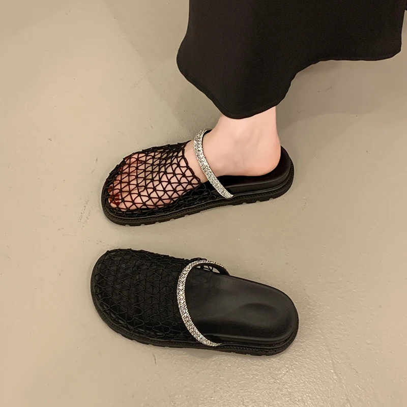 爆款厚底网面包头半拖鞋2025新款夏季外穿镂空水钻休闲凉拖鞋子女
