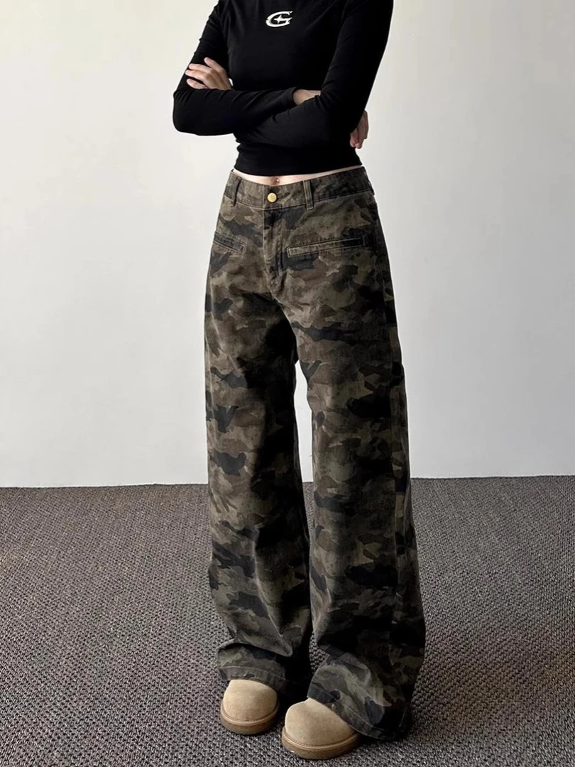 美式复古迷彩色阔腿牛仔裤女秋季新款小众高腰显瘦直筒拖地长裤子