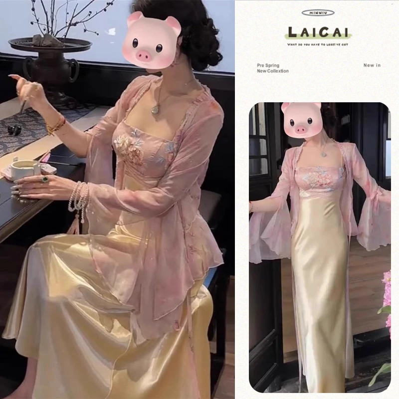 新中式改良唐装女2025夏季禅意粉色网纱开衫设计感刺绣连衣裙套装
