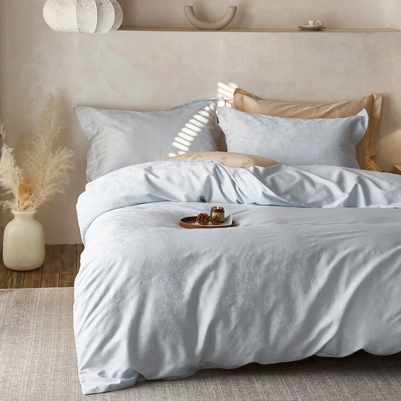 100S高支提花淡蓝色全棉四件套高级感轻奢纯棉长绒棉丝滑床上用品