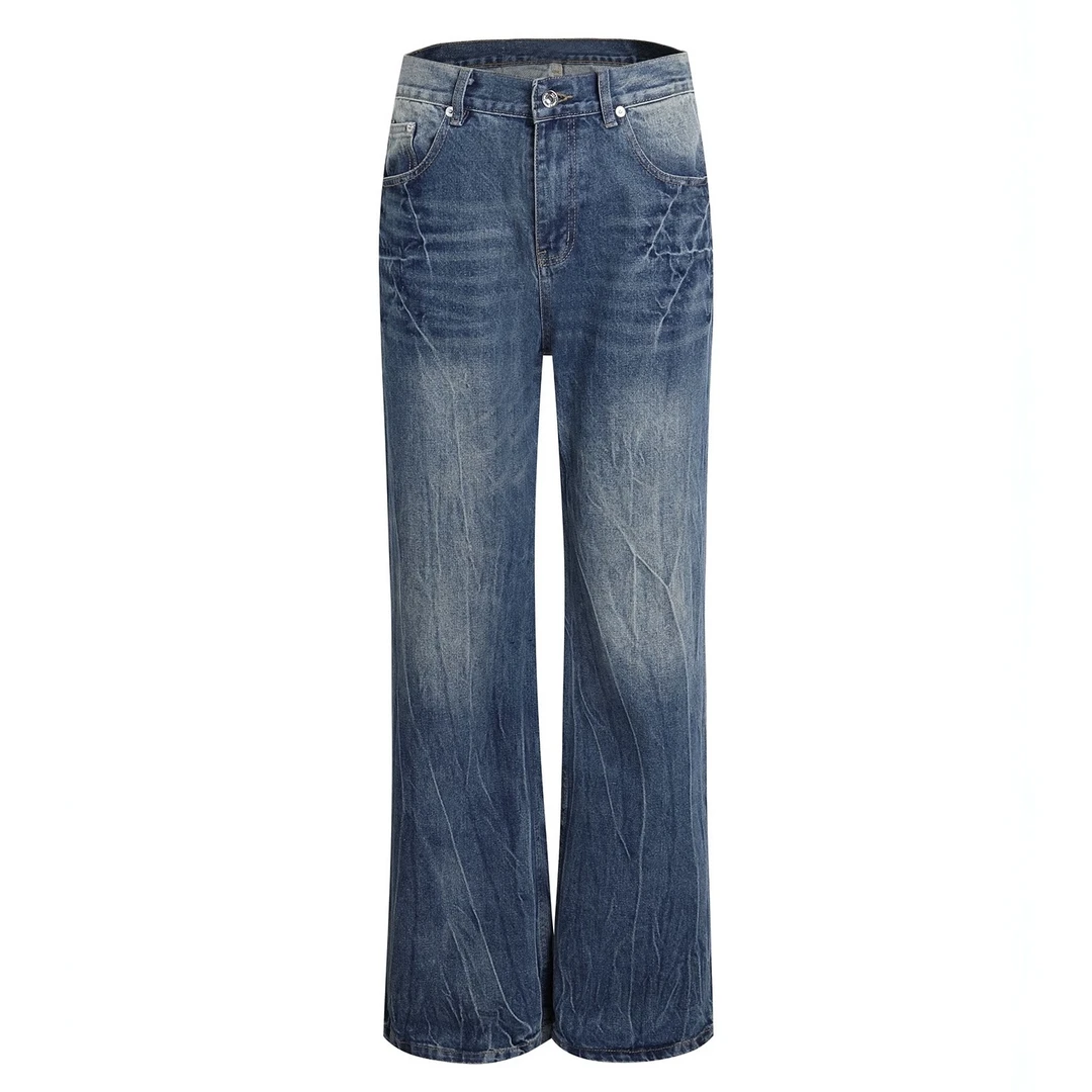 OCAA 冰蓝517vibe闪电爆裂纹蓝色cleanfit牛仔裤重水洗直筒微喇裤