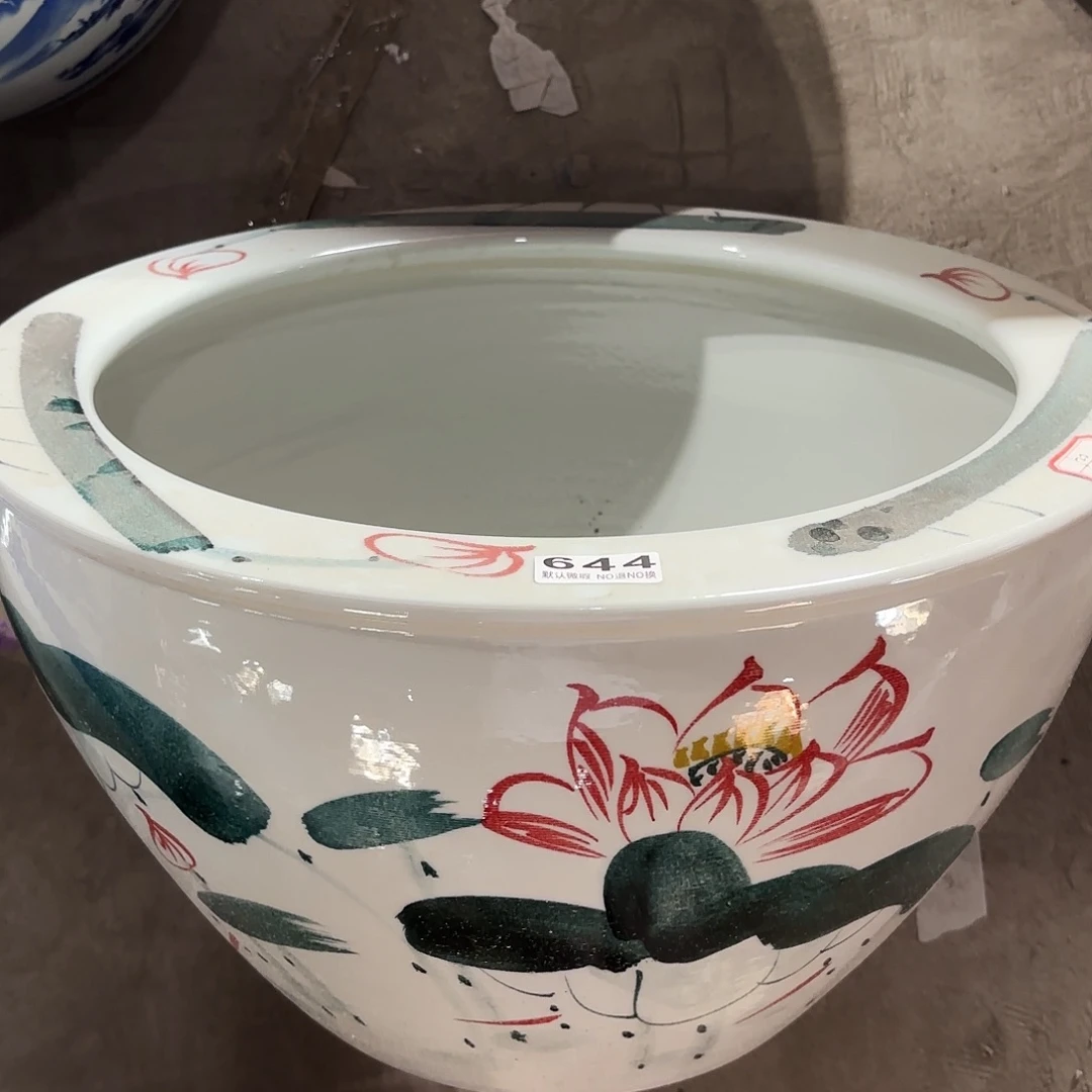 缸50瑕疵陶瓷红色荷花漏水644