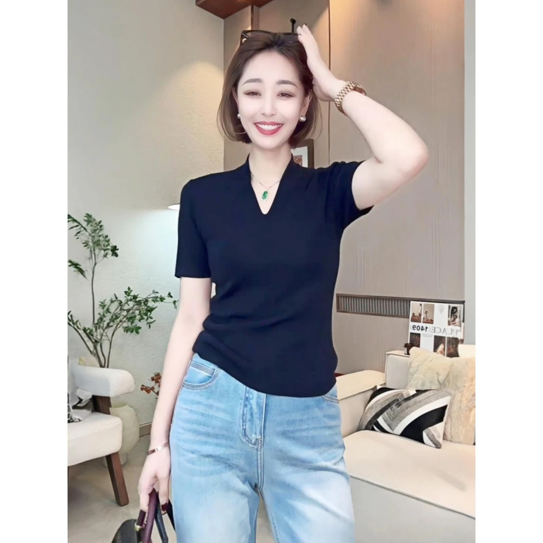 黑色螺纹V领短袖T恤女2025夏季新款设计感气质韩系小众修身上衣潮