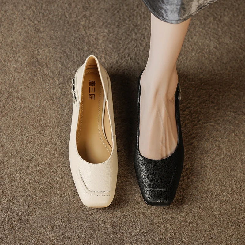 3cm/羊皮/粗跟真皮单鞋女法式复古方头女鞋中跟水钻装饰浅口女鞋