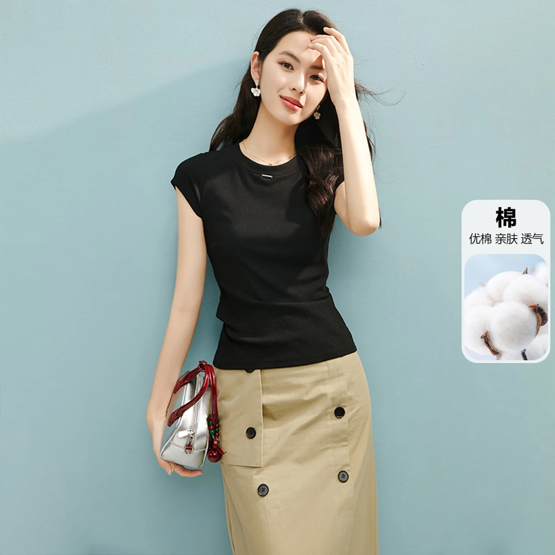 晚白【新品】2025棉质短袖弹力T恤衫女25022502