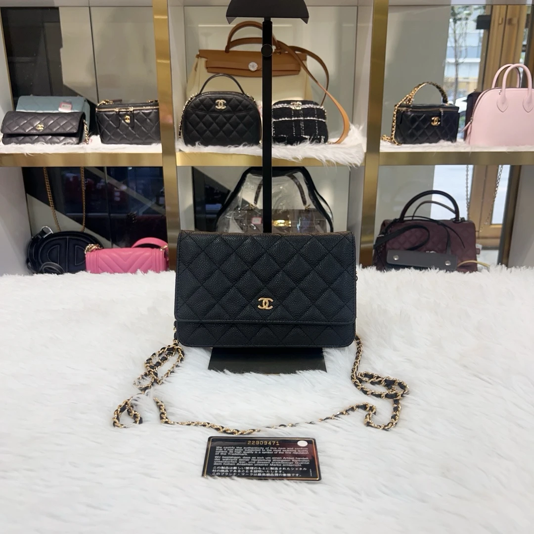 99新 Chanel/香奈儿 香奈儿Chanel黑金荔枝纹牛皮发财woc链条包