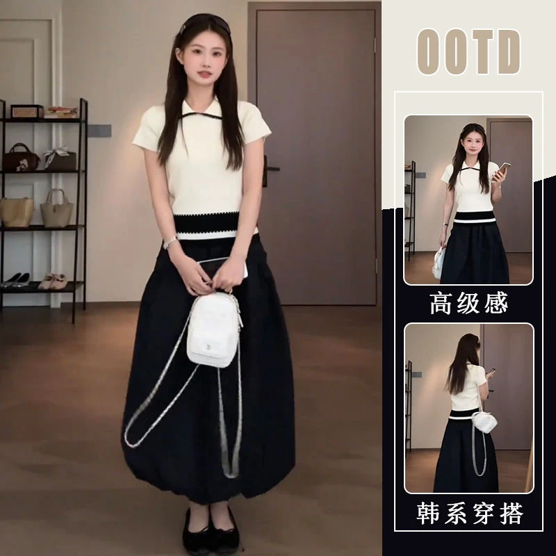 韩系氛围感穿搭2025夏季新款洋气翻领短袖拼色针织上衣半身裙套装