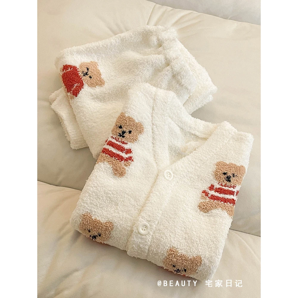 卡通小熊甜美半边绒睡衣女款2025年新款韩系软糯糯保暖家居服秋冬