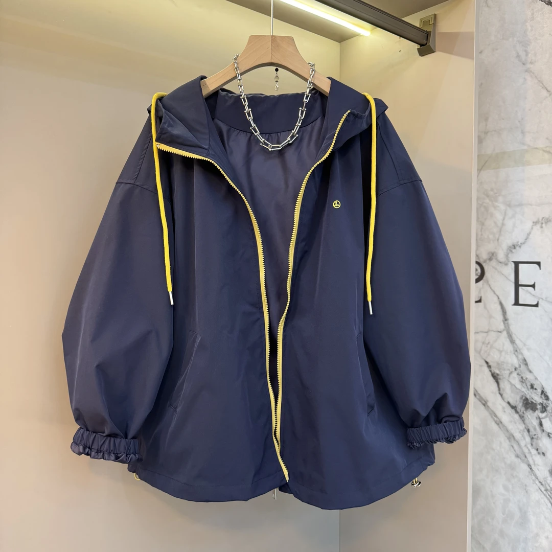 欧范儿2025春季新款连帽撞色拼接宽松时尚彩色休闲风衣外套上衣女