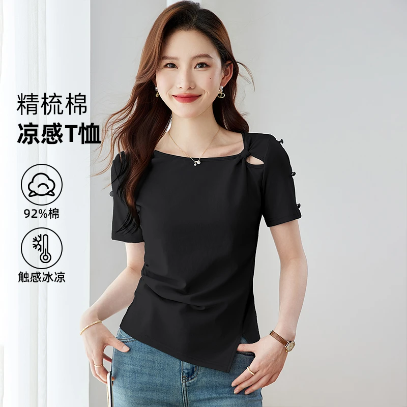 不规则开叉短袖T恤女2025夏季大码黑色洋气百搭镂空显瘦气质上衣