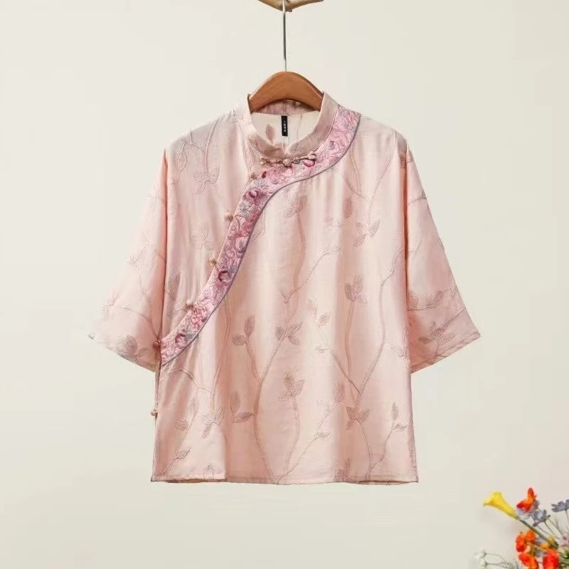 2025千椿物禧夏原创新中式国风牡丹花刺绣浅粉六分袖显白宽松衬衫