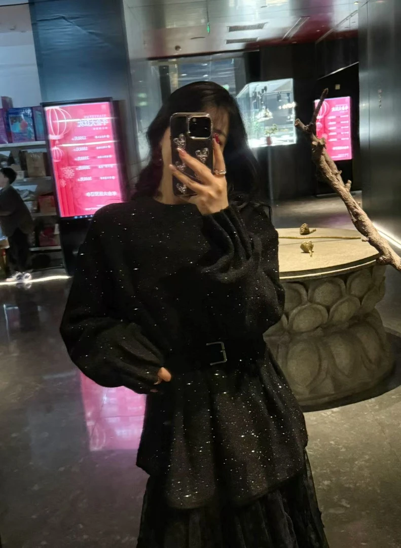 南瓜小姐 亮片黑色涣涣绒毛衣