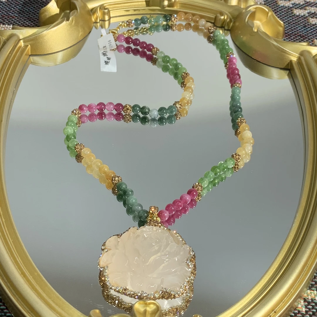 铜合金合成锆石项链 TTSD 彩色牡丹花雕刻时尚百搭毛衣链 297