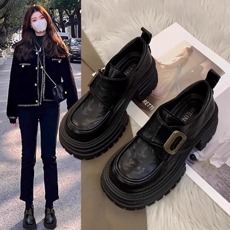 厚底粗跟英伦风小皮鞋女2025新款春秋百搭增高软皮单鞋黑色乐福鞋