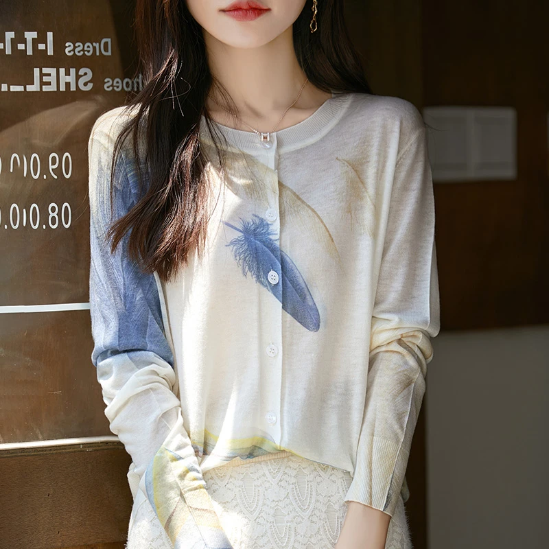 春秋精纺羊毛针织开衫女薄款水溶羊毛印花外搭上衣宽松气质外套