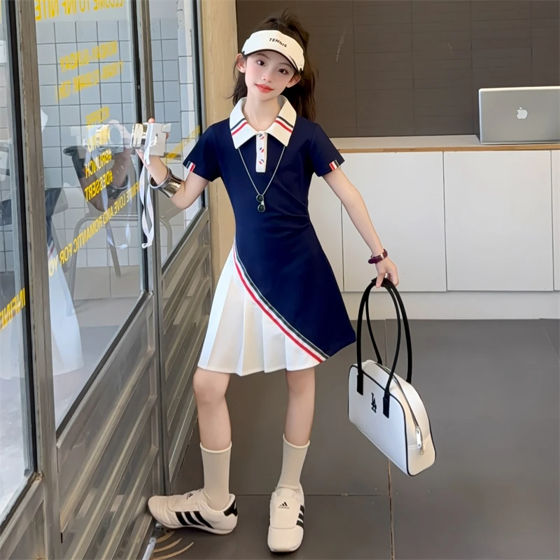 女童夏季新款织带连衣裙儿童韩系运动学院风时尚洋气polo领休闲裙