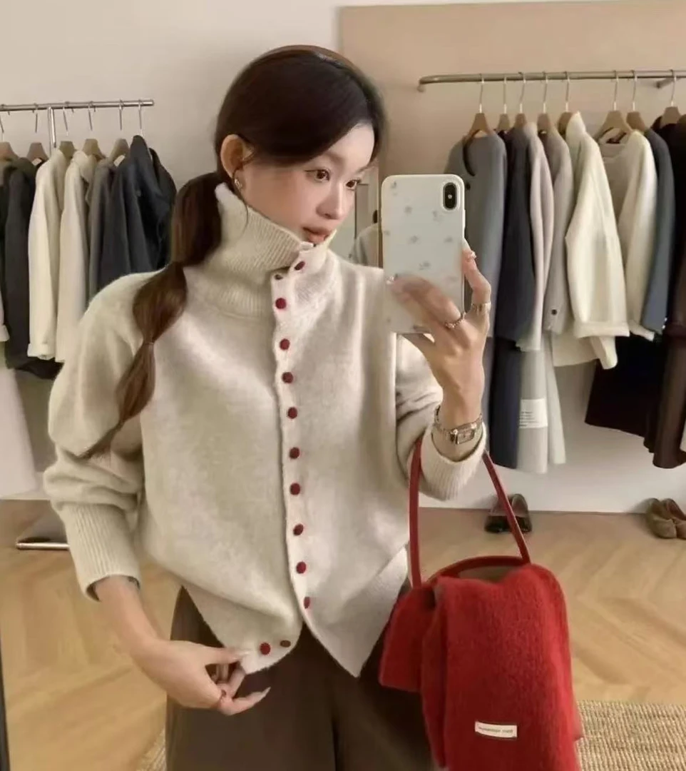 M1226温柔风高领单排扣软糯毛衣外套女秋季韩系ins外穿针织开衫