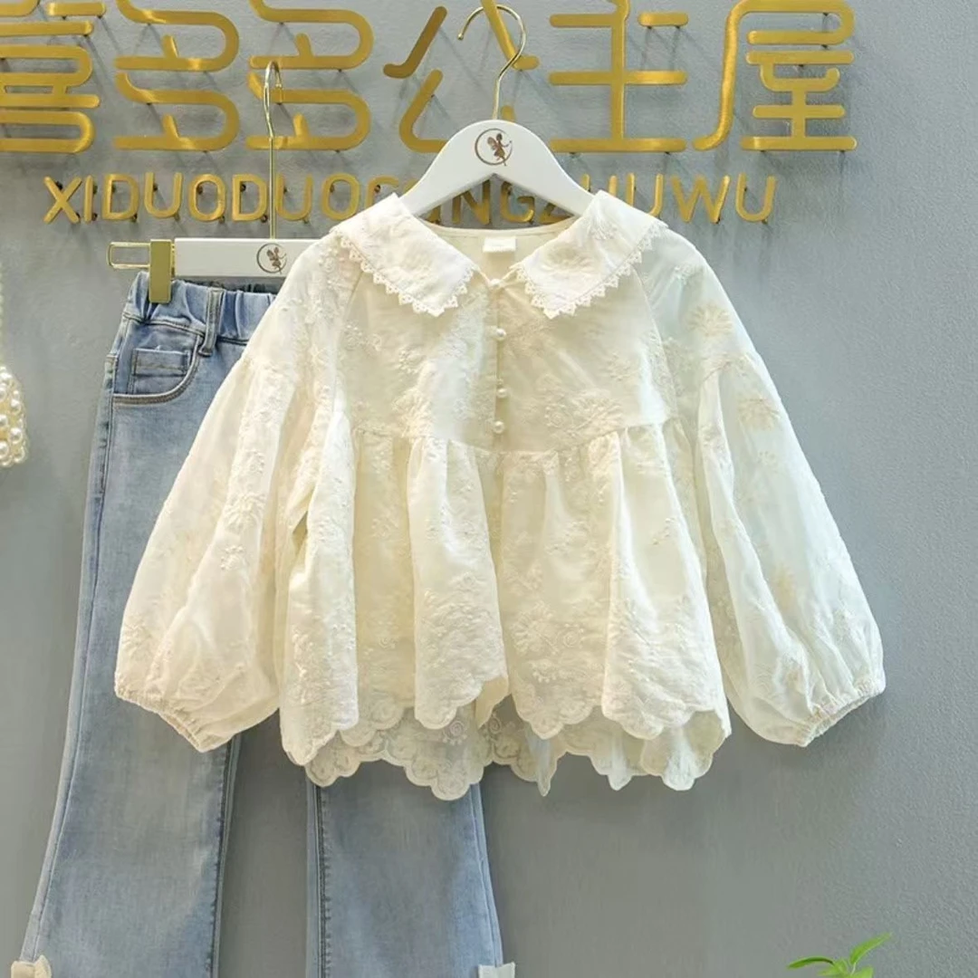 女童春秋2025新款娃娃洋气长袖时髦衬衫儿童牛仔裤两件套套装宝宝