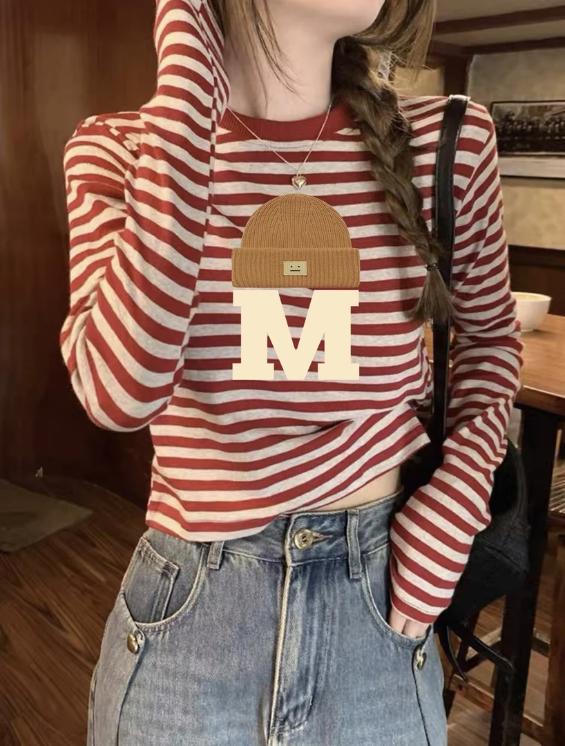 韩版撞色条纹长袖T恤女春季2025新款时尚洋气百搭短款打底衫上衣