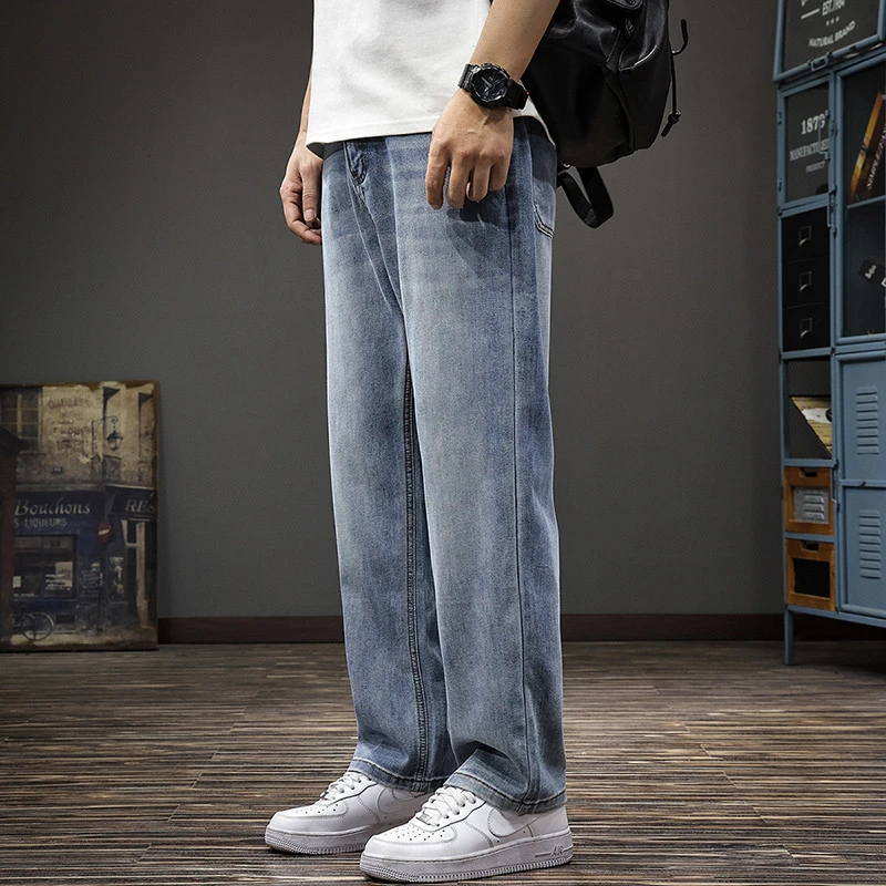 春秋季天丝莱赛尔垂感牛仔裤男美式复古水洗宽松大码阔腿直筒裤
