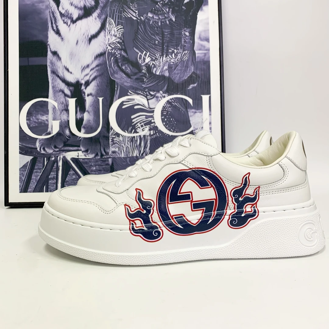 全新未使用 GUCCI/古驰 古驰白色皮面互扣双G侧标饼干鞋印花厚底