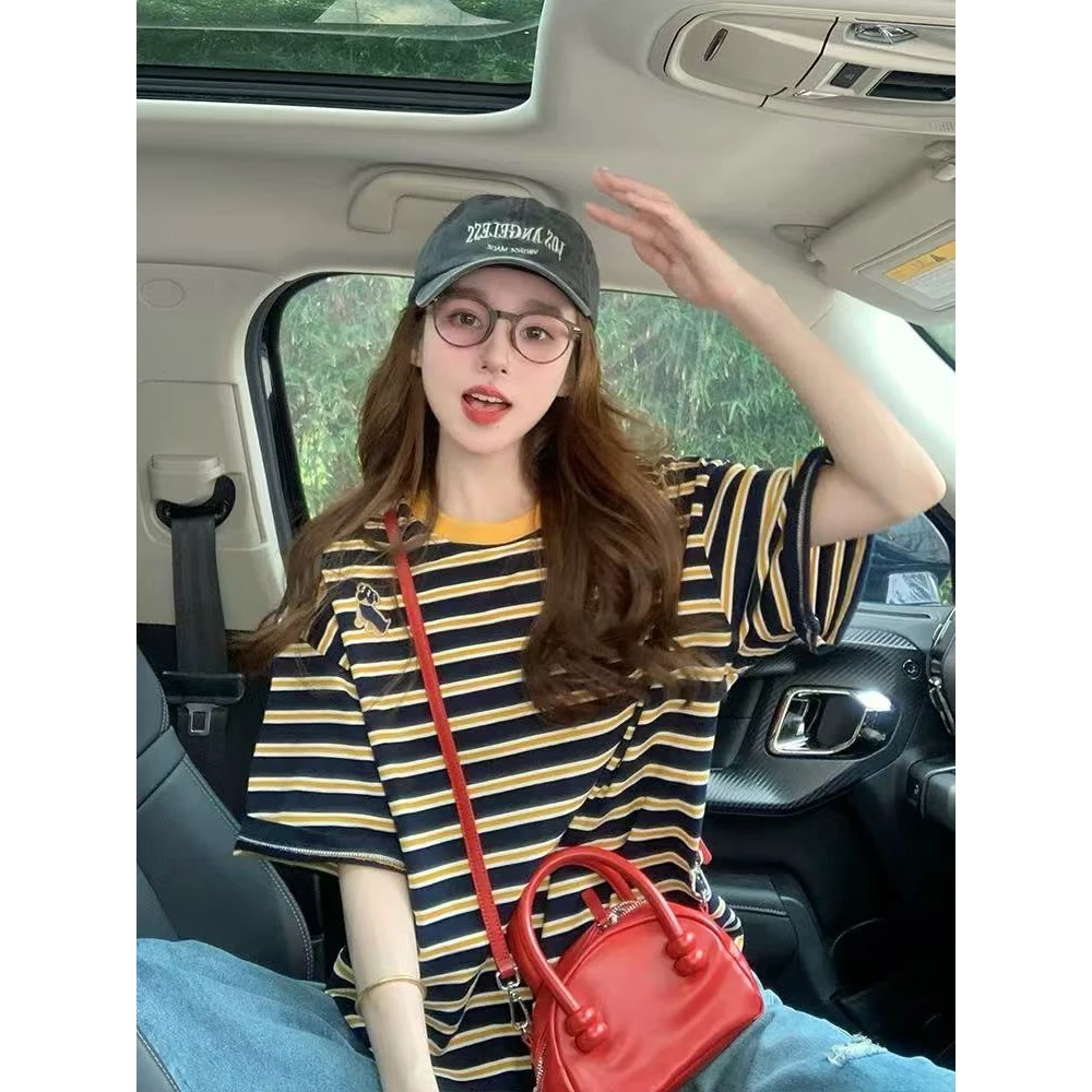 撞色条纹短袖t恤女2025新款夏季复古学院风刺绣宽松慵懒上衣24090