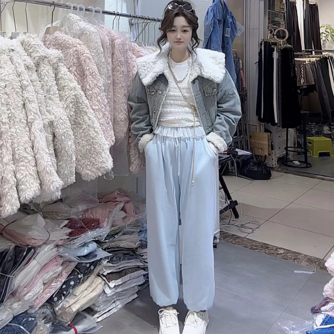 新品蓝色抽绳宽松加厚加绒卫裤显瘦保暖时尚