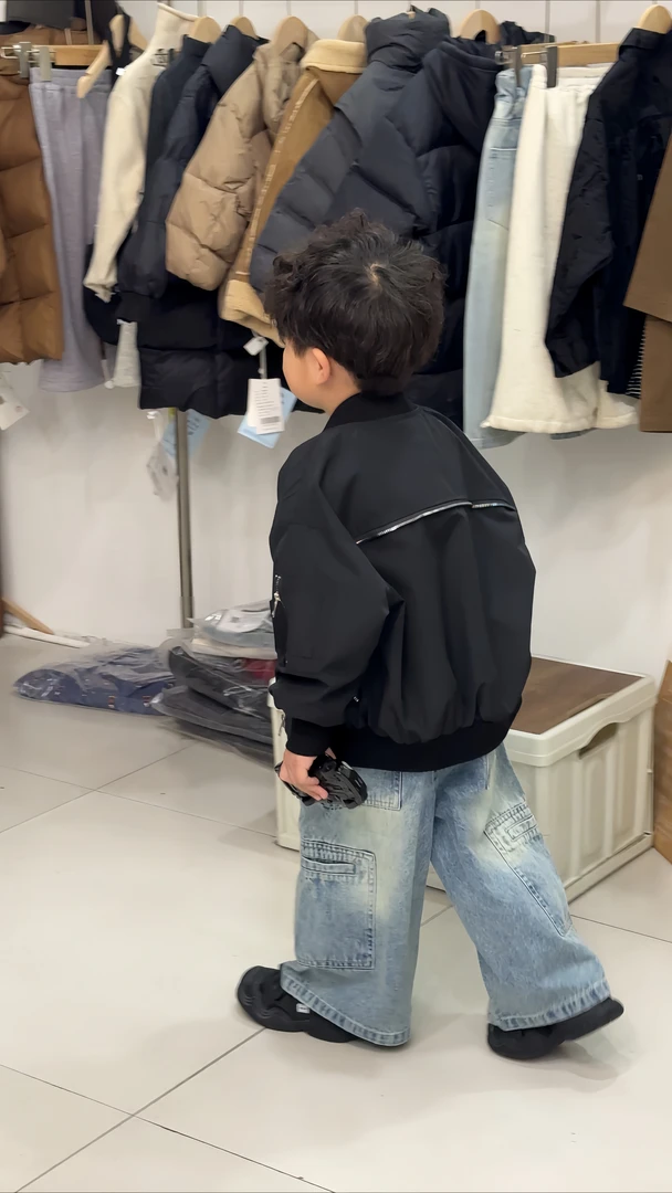 25春新款中小童男童韩国童装设计感拉链飞行服黑色短款夹克外套