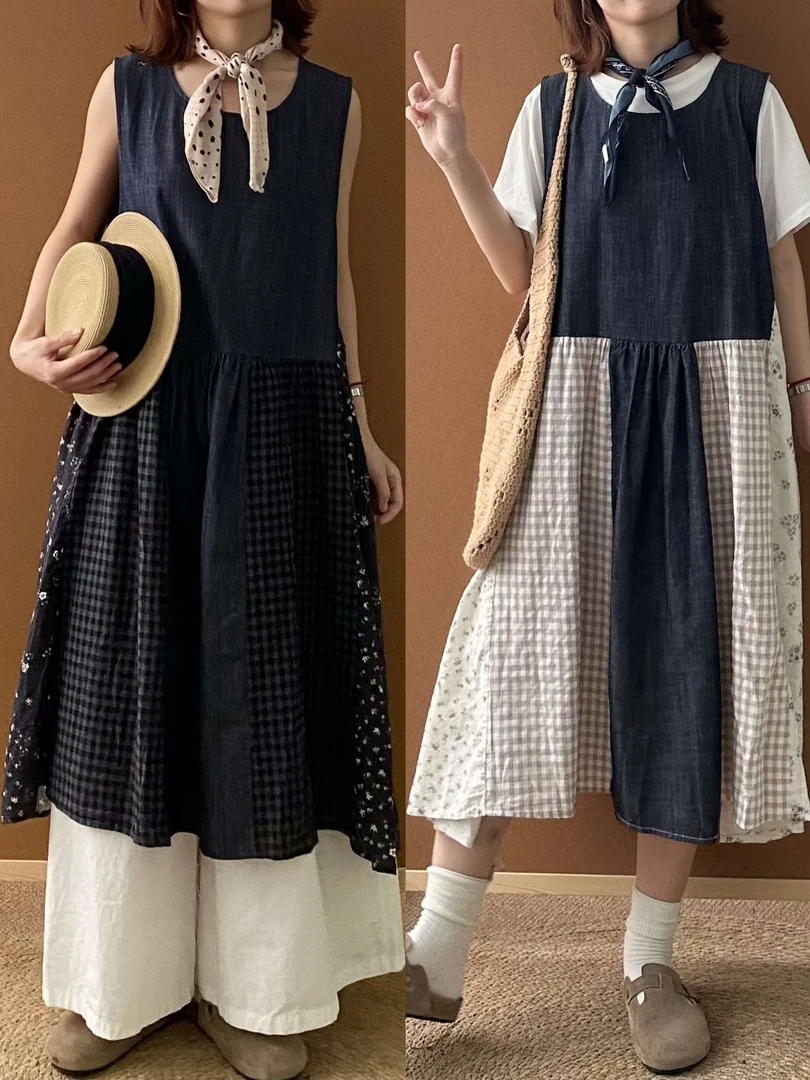 复古宽松重工拼接牛仔碎花背心裙