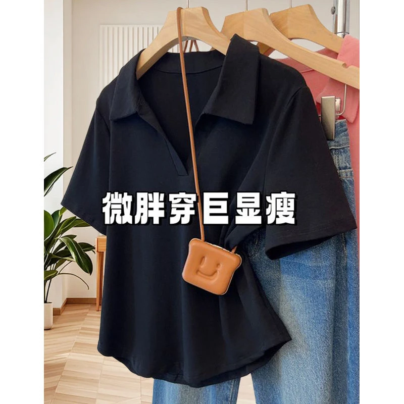 大码夏季新款V领正肩polo衫短袖T恤女设计圆弧下摆百搭遮肚上衣潮