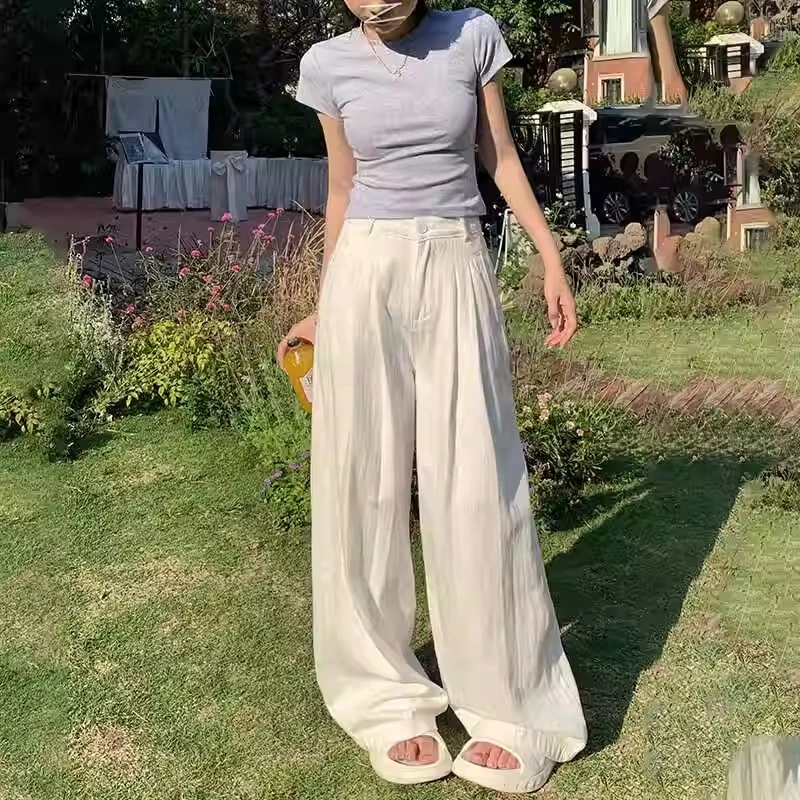 白色纹理感阔腿牛仔裤女2025春夏新款褶皱高腰拖地裤
