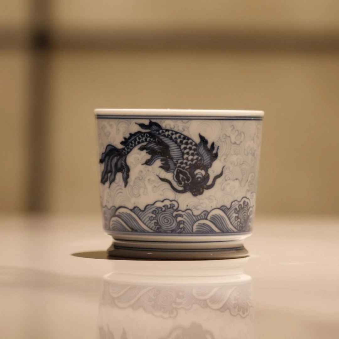 【福器】青花海水双鱼纹直口杯 茶杯 水杯 主人杯