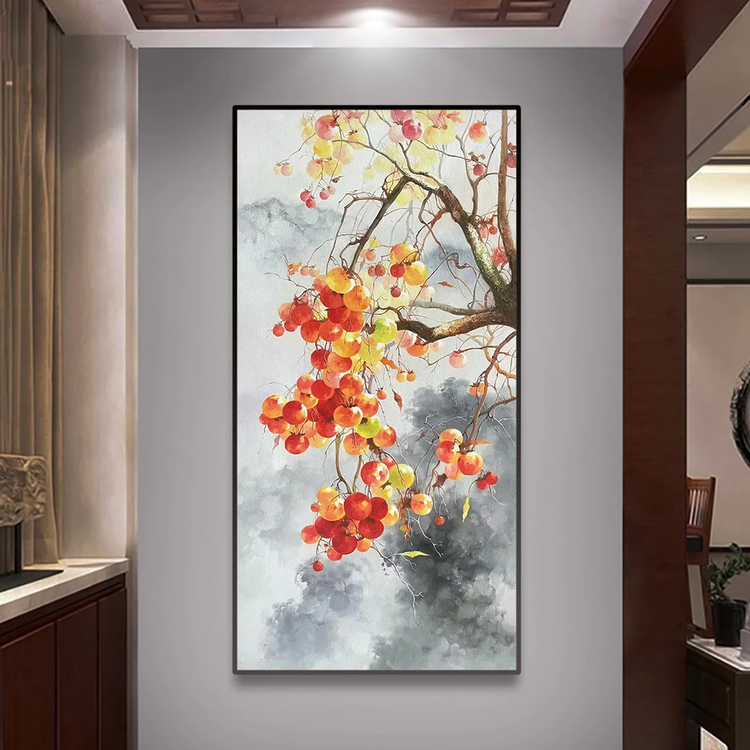 《事事如意》柿子画入户玄关挂画装饰画油画轻奢高级感客厅画新中式