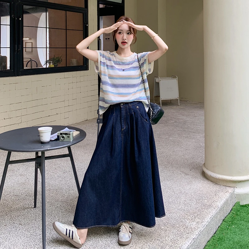 韩系条纹休闲T恤套装裙女夏季新款轻薄高腰显瘦牛仔半身裙两件套