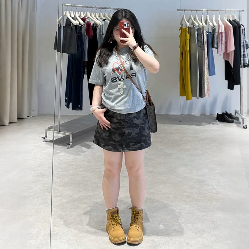 潮碧梵300斤大码女装迷彩牛仔半身裙女胖mm新款短裙宽松梨形a字裙