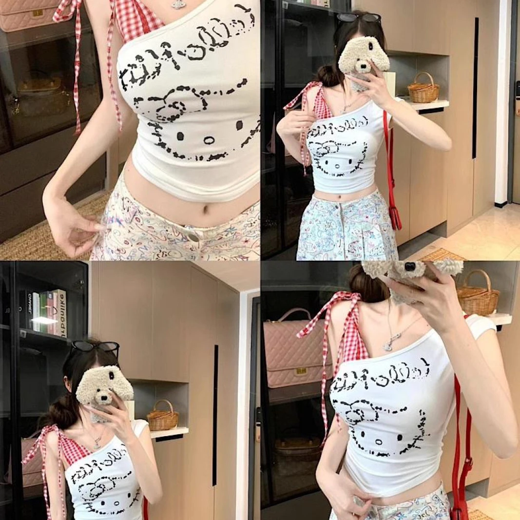 甜辣kitty红格子拼接短袖露肩女夏季设计感斜肩短款无袖上衣