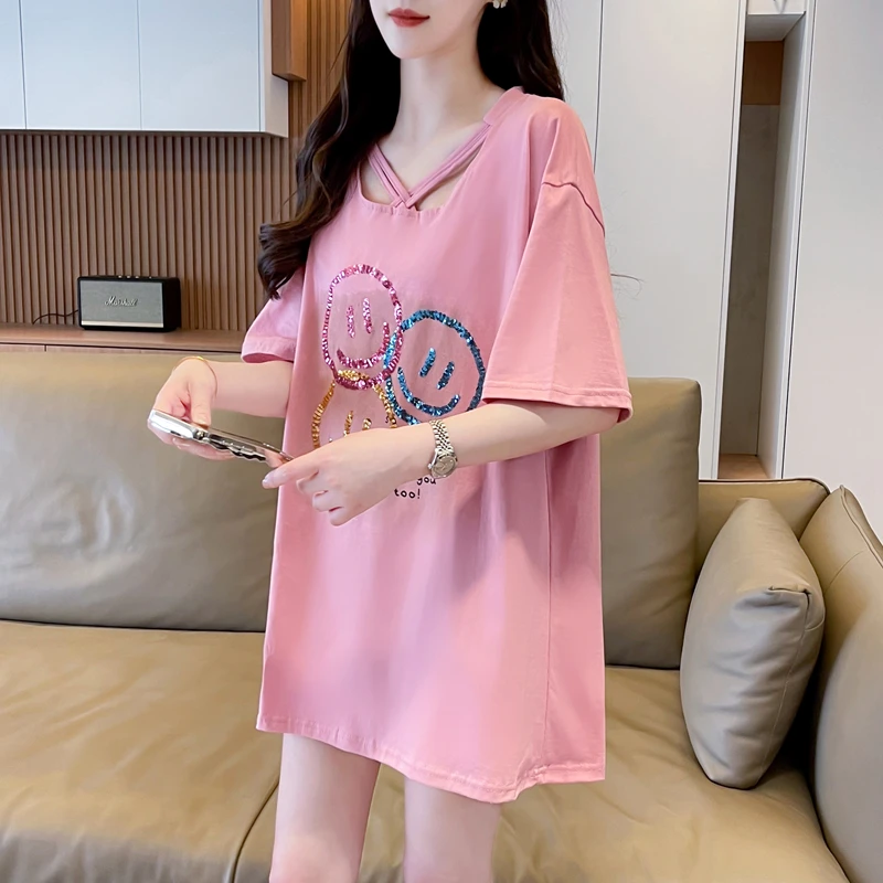 设计感小众纯棉短袖t恤女夏季胖mm大码中长款遮屁股独特别致上衣