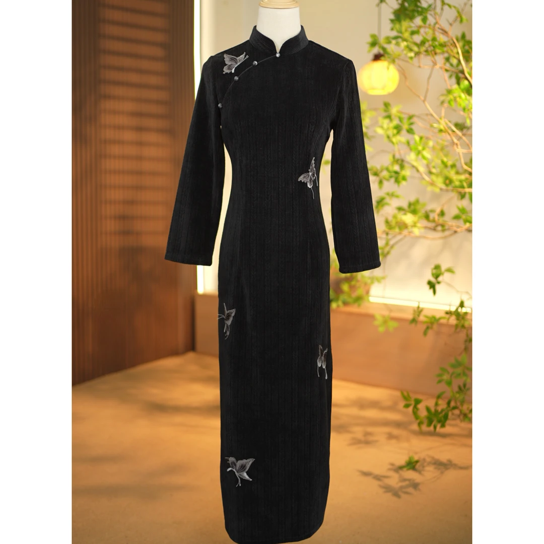 【心懂旗袍--小蝶】黑色加厚秋冬新款长款日常显瘦高级感简约旗袍