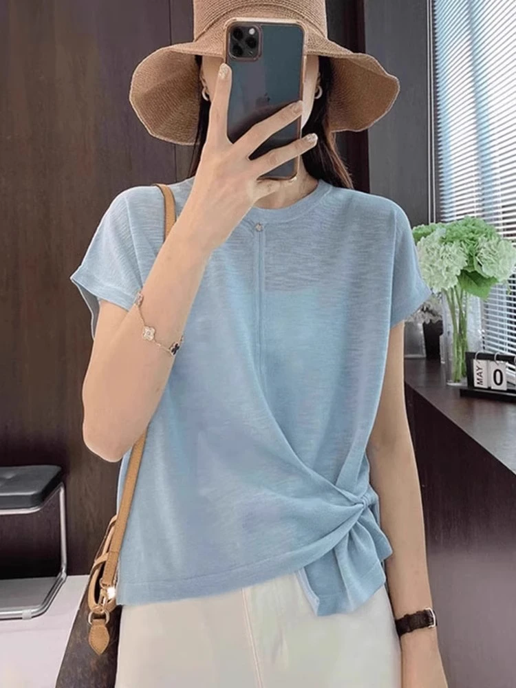夏季新款女士设计感不规则冰丝短袖t恤时尚洋气百搭薄款针织上衣