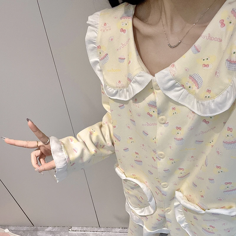 睡衣女春秋季长袖长裤花边公主风简约高级感黄油小熊家居服带胸垫