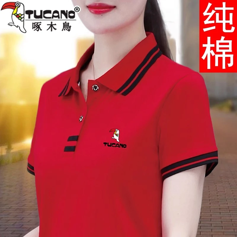 啄木鸟纯棉T恤女2025夏季新款红色短袖中年妈妈POLO衫夏装工作服