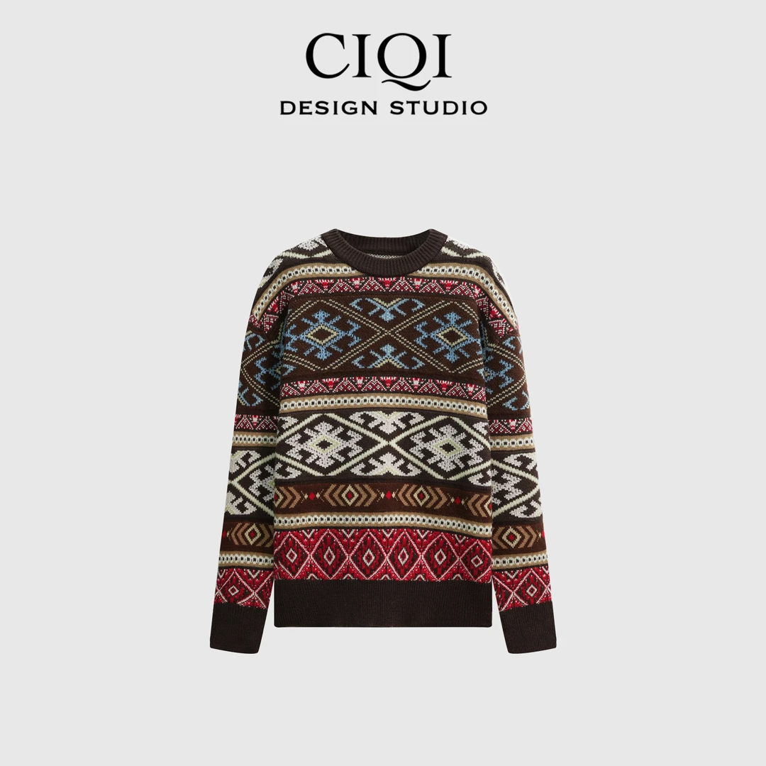 CIQI STUDIO 秋冬绵羊毛提花设计感圆领套头百搭老钱针织衫DY1017