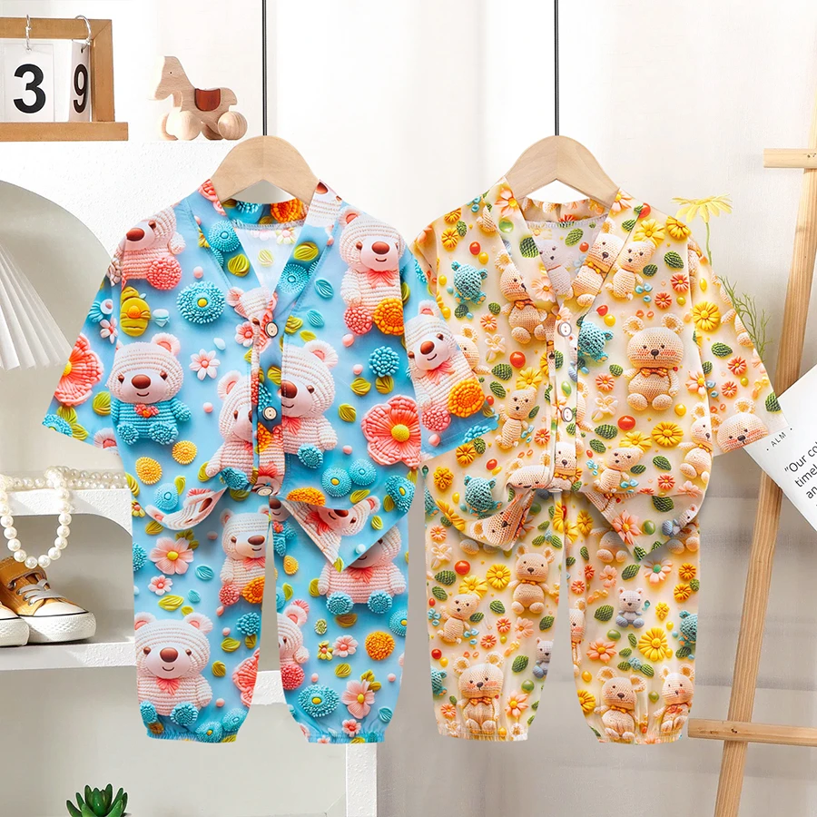 儿童莱赛尔绵绸家居服夏季薄款卡通宝宝睡衣套装
