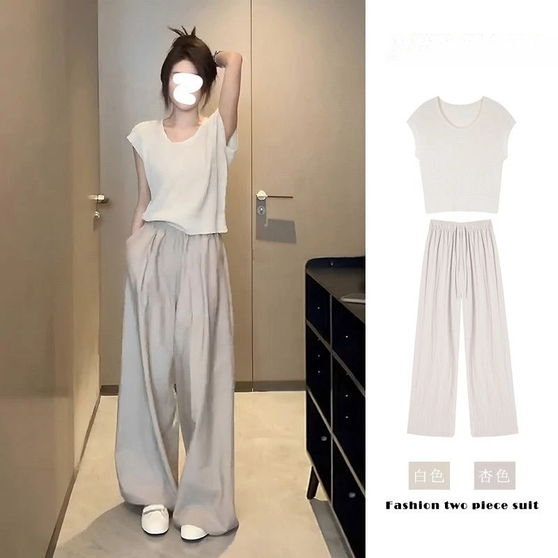 夏季微胖显瘦遮肉盐系穿搭休闲时尚港风上衣阔腿裤两件套装女jj